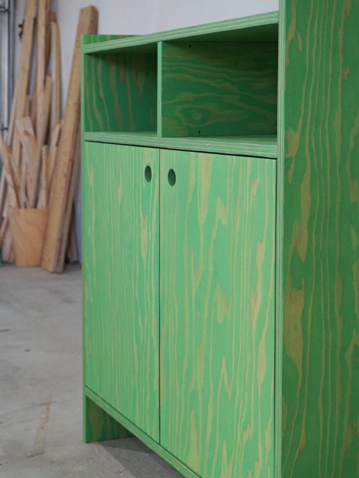 Paint Storage Cabinet Ideas: 6 Options for Art and Workshop 3 Green wooden storage cabinet with open shelves and doors in a workshop setting.