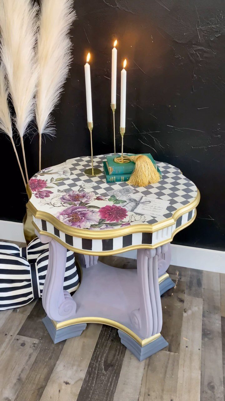 Ornate octagonal side table with purple painted base, gold trim, and floral tabletop.