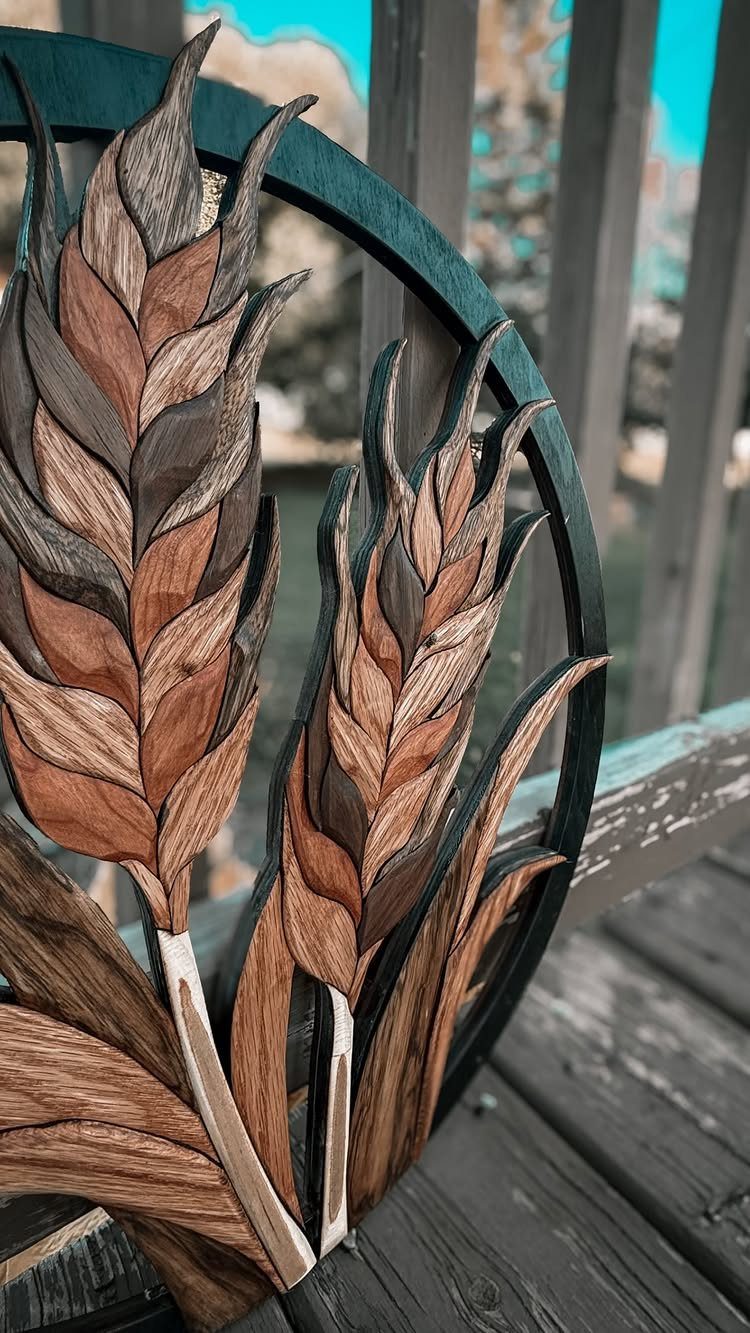 Wooden wheat stalks art piece inside a dark circular frame on a deck.