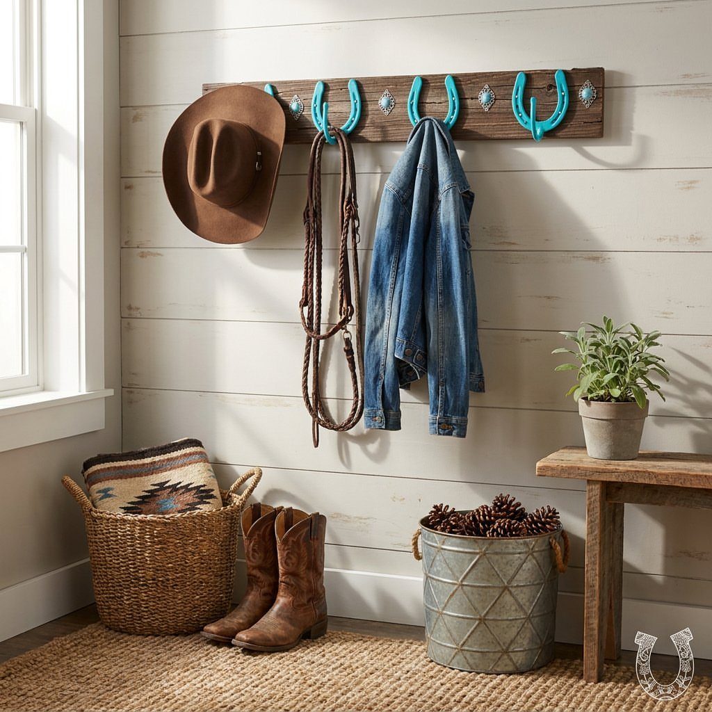 Rustic wood hook rack with turquoise horseshoes holding a hat and denim jacket.