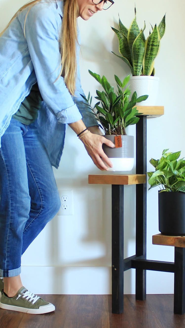 14 Shop Class Projects to Build: Bookshelf to Plywood Cart 3 Woman placing a potted plant on a tiered black and wood plant stand.