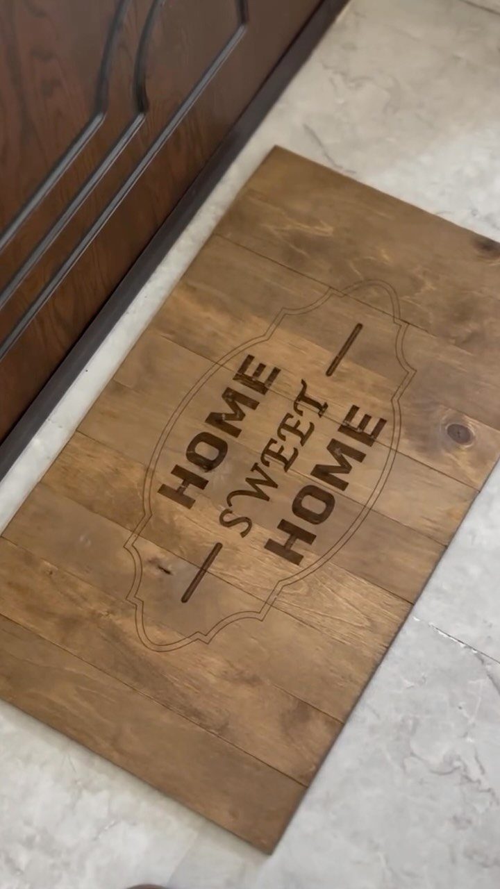 14 Shop Class Projects to Build: Bookshelf to Plywood Cart 7 Wooden doormat with Home Sweet Home engraving on a marble floor