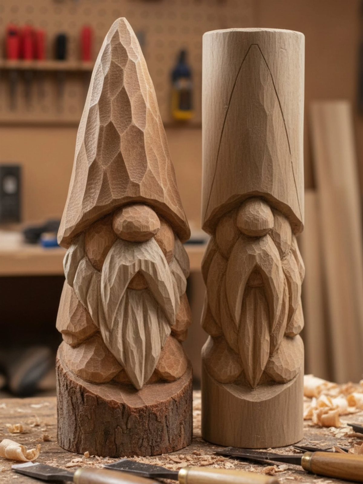 Two wooden gnome carvings, one finished and one rough, on a workshop bench.