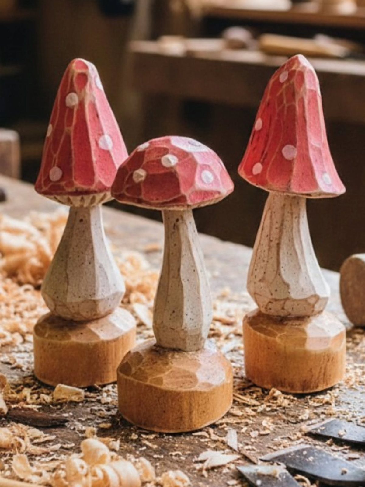 Three carved wooden mushrooms with red spotted caps and faceted stems on a workbench.