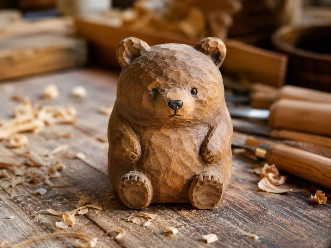 Small hand-carved wooden bear figurine sitting on a workbench with wood shavings.