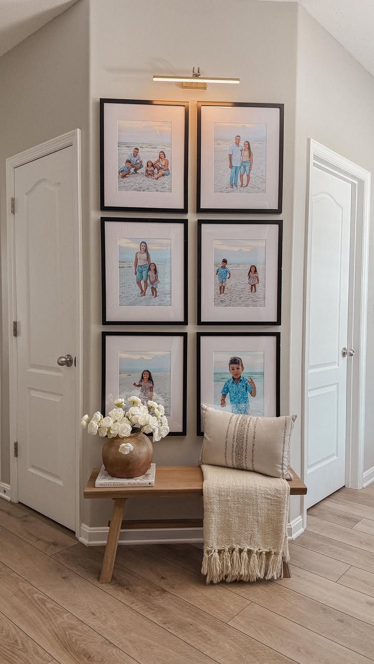 12 Small Wood Projects for Beginners to Build This Weekend 1 Wooden farmhouse bench with a pillow and throw blanket under a gallery wall.