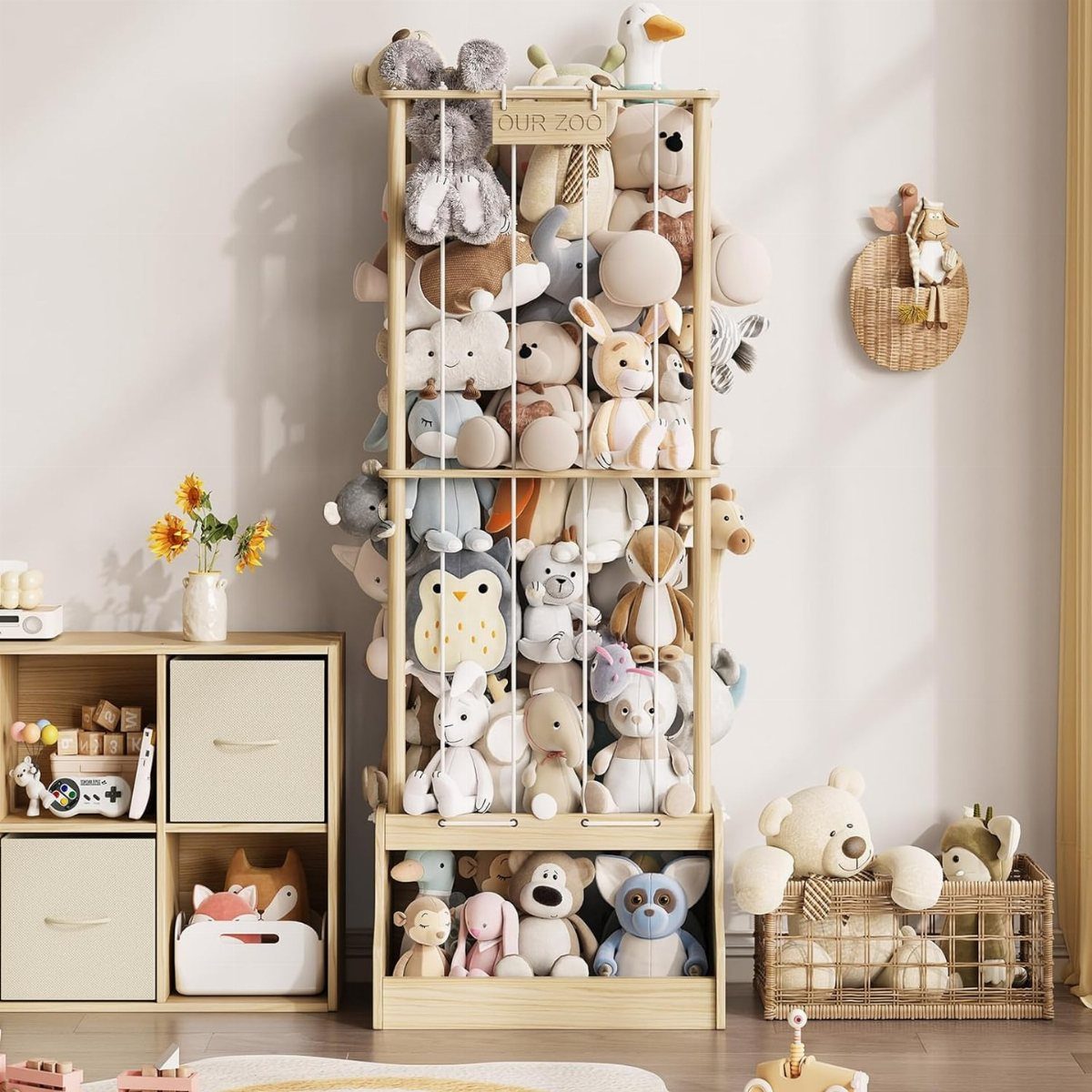 12 Small Wood Projects for Beginners to Build This Weekend 12 Wooden stuffed animal zoo filled with plush toys in a bright child's room