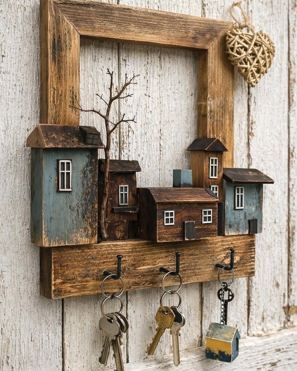 12 Small Wood Projects for Beginners to Build This Weekend 2 Rustic wooden wall-mounted key holder with miniature houses and keys hanging from hooks.