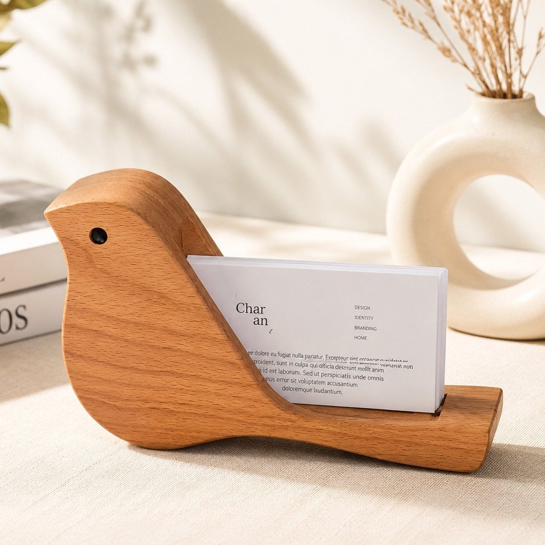 Bird-shaped wooden business card holder with a white card on a light table