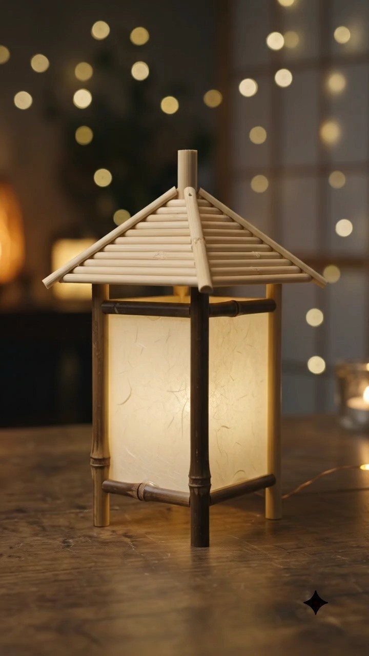 Small wooden lantern with a peaked roof glowing on a dark wooden table.