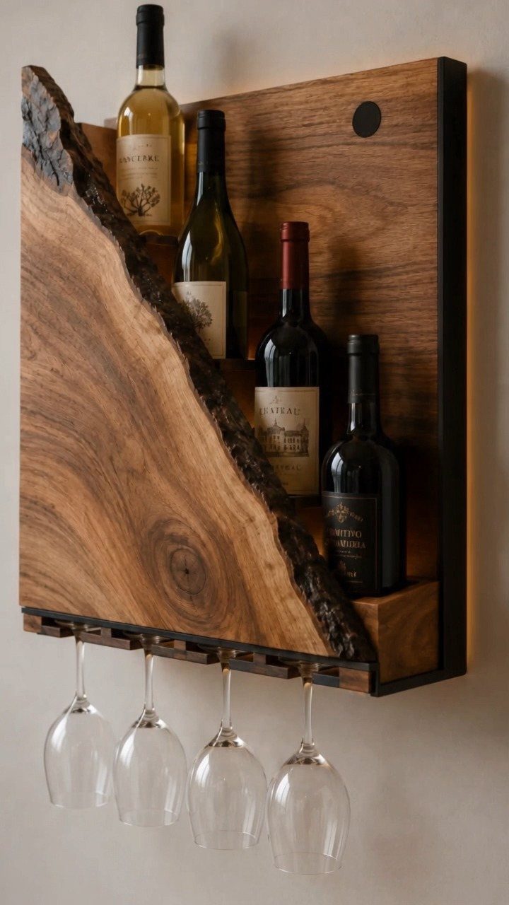 Wooden wine rack with live edge holding four bottles and four hanging glasses.