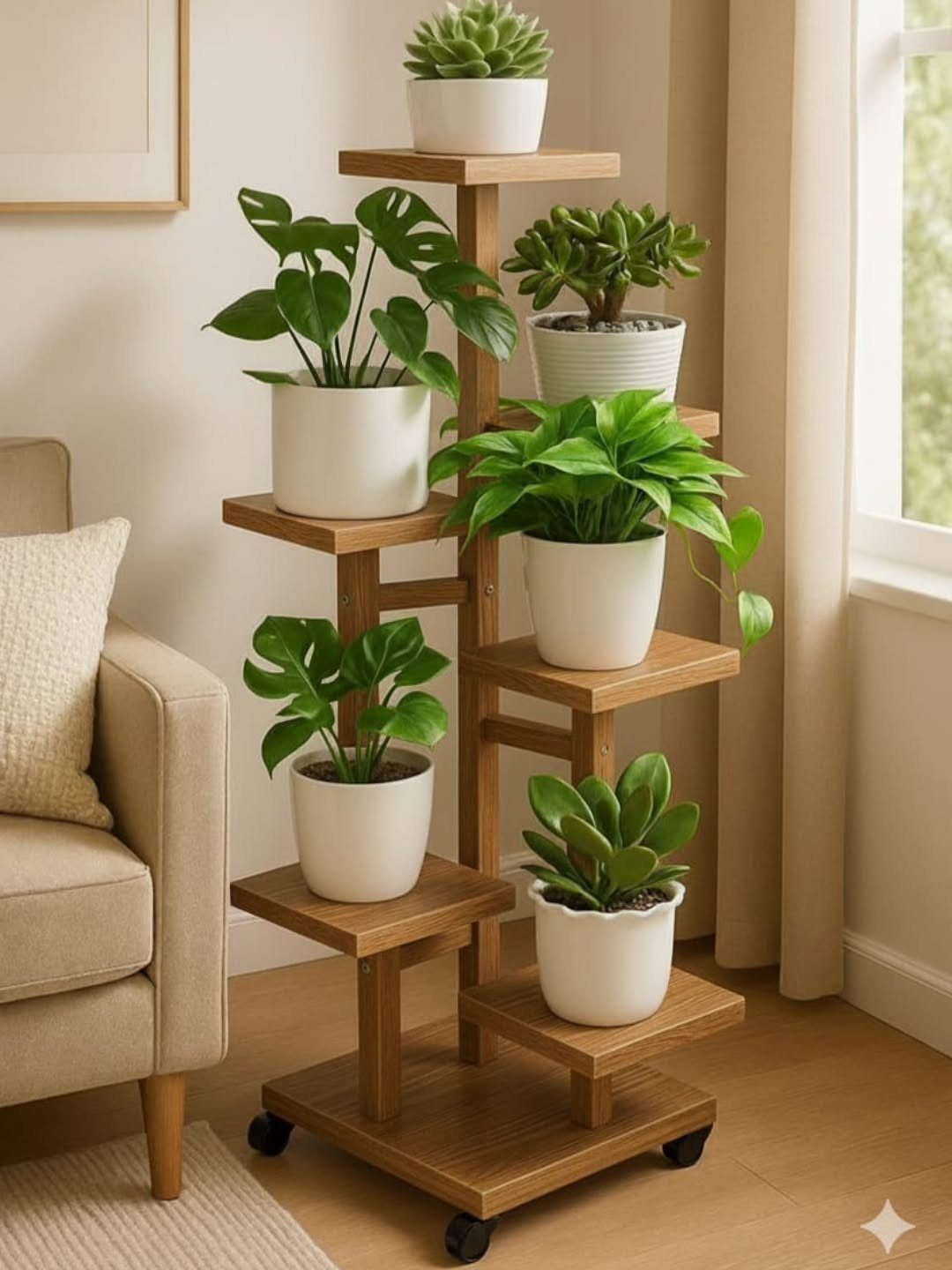 Small Wooden Rack Ideas: 9 Shelves, Stands and Holders 9 Multi-tiered wooden plant stand on wheels holding several green potted plants.