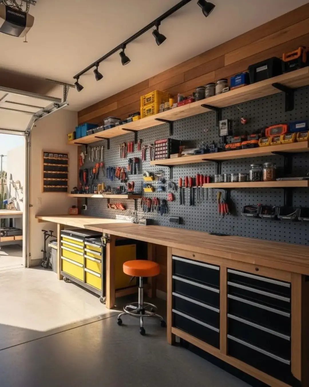 Wooden workbench with tool drawers and a pegboard wall in a garage workshop.