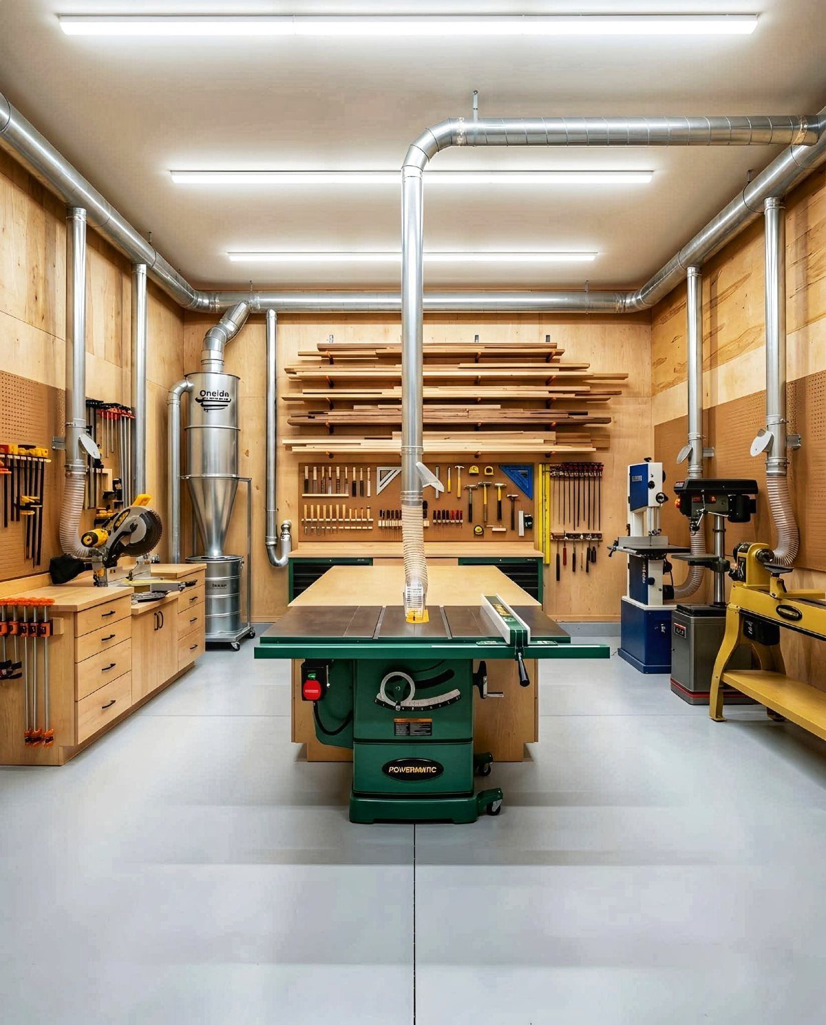 Table Saw Dust Collection: 5 Ideas for a Cleaner Shop 5 Green table saw with silver metal dust collection piping in a woodworking shop