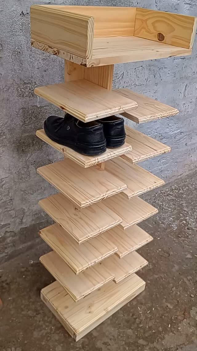 Table Saw Projects: 15 Ideas to Build This Weekend 10 Wooden shoe organizer with staggered pine shelves holding a pair of black shoes.