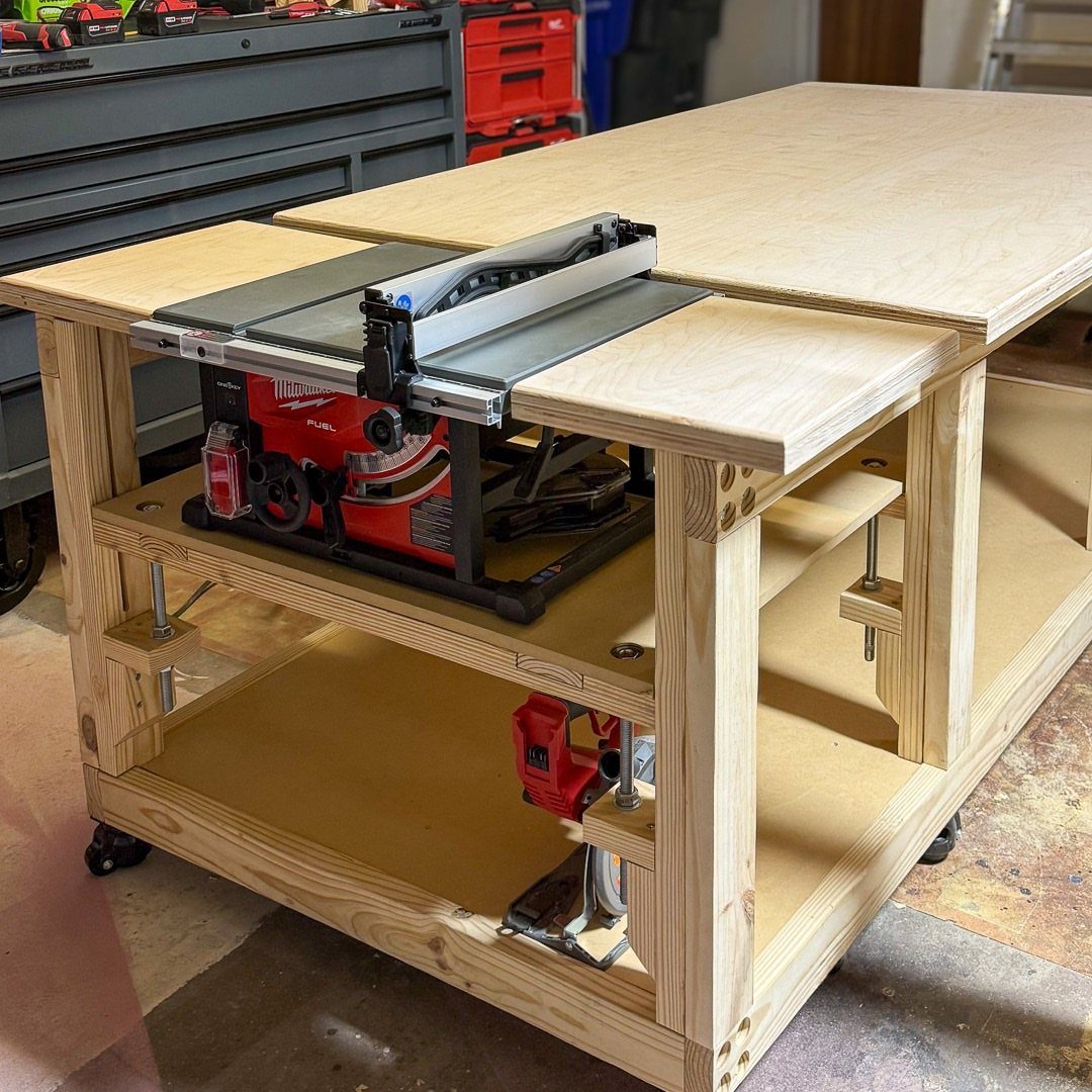 Table Saw Projects: 15 Ideas to Build This Weekend 11 Custom wooden workbench with an integrated red table saw in a garage workshop.