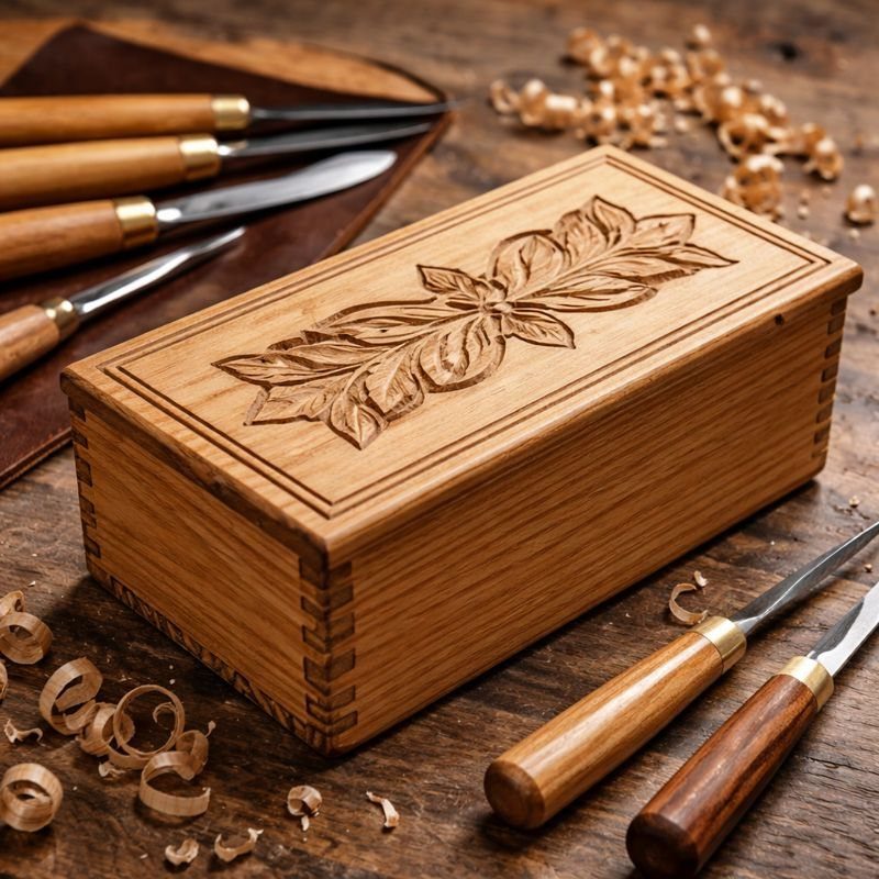 Carved wooden box with leaf design on a workbench with carving tools