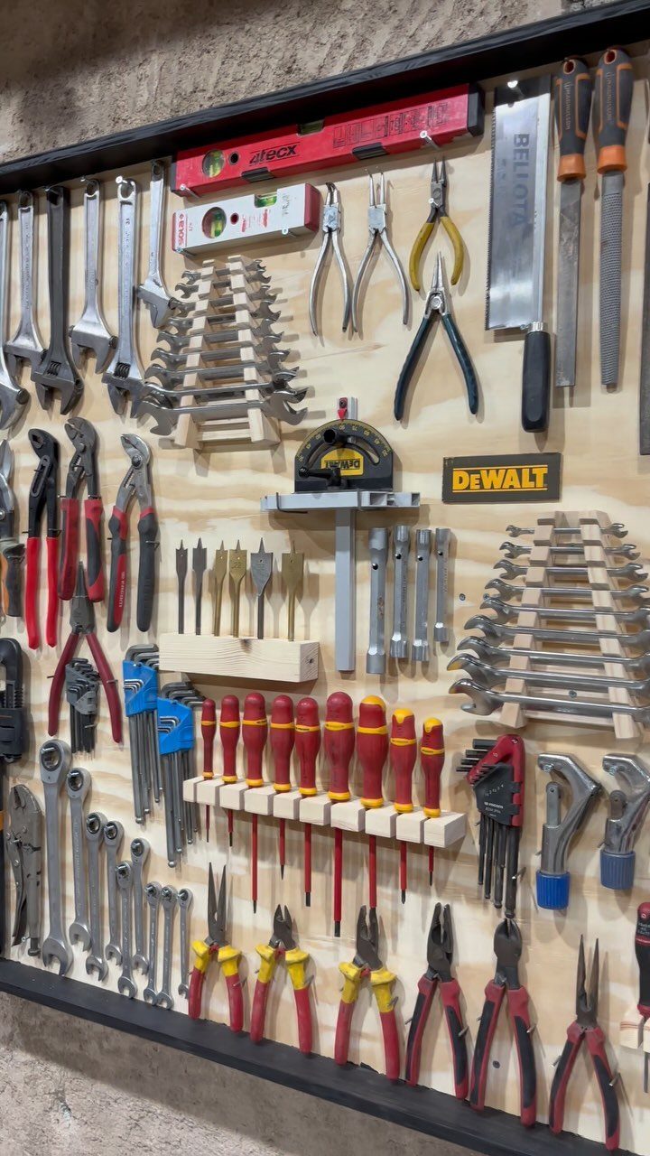 9 Tool Organization Wall Ideas for Garage and Shop 3 Hand tools neatly organized on a wooden wall board in a workshop setting.