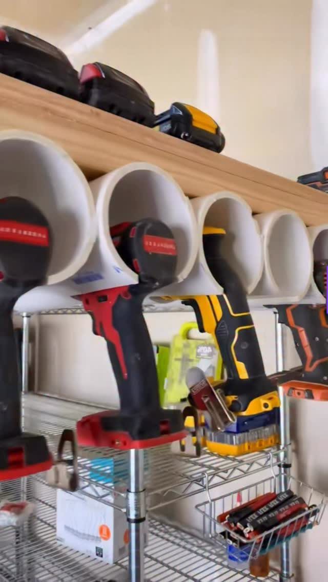 9 Tool Organization Wall Ideas for Garage and Shop 9 Power drills stored in PVC pipe holders under a wooden workshop shelf