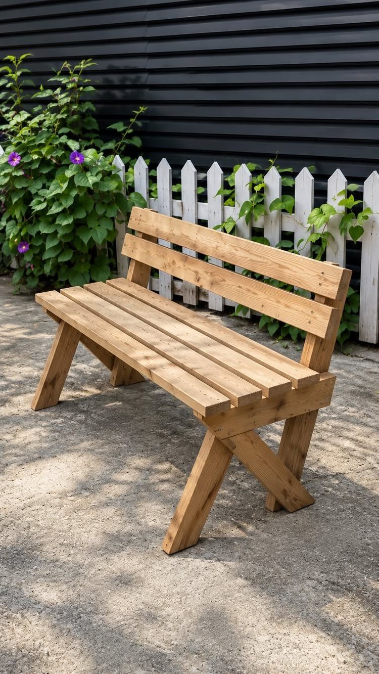 Wooden bench seat with a backrest standing on sand by a white fence.