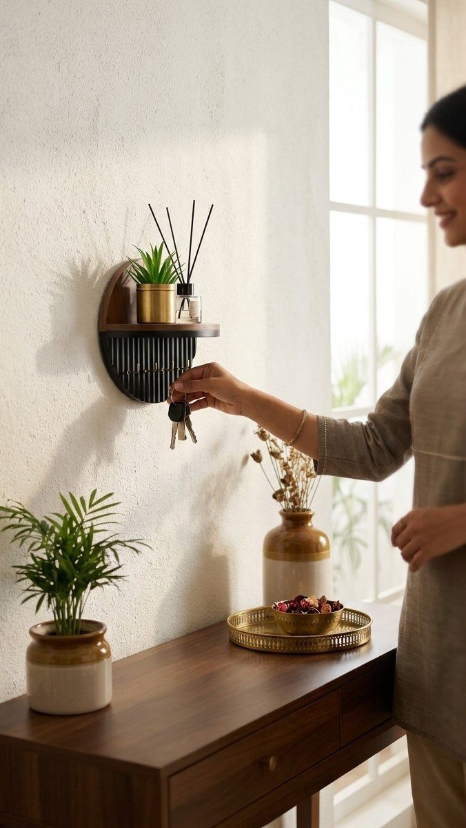 Woman taking keys from a wall-mounted wooden key holder with a small shelf.