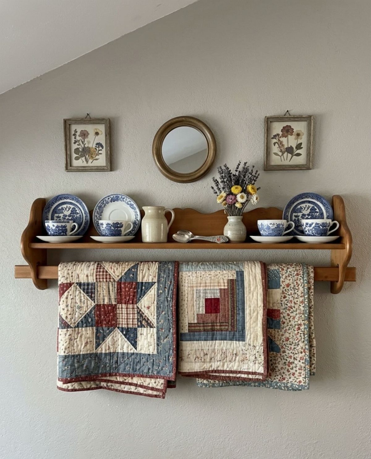 Wooden wall-mounted quilt rack holding two patterned quilts and ceramic dishes on top.