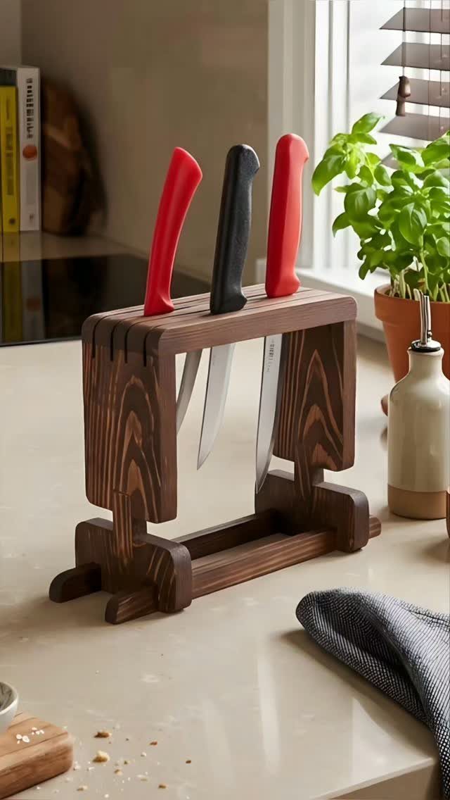 Wooden knife block holding three kitchen knives on a light-colored countertop.