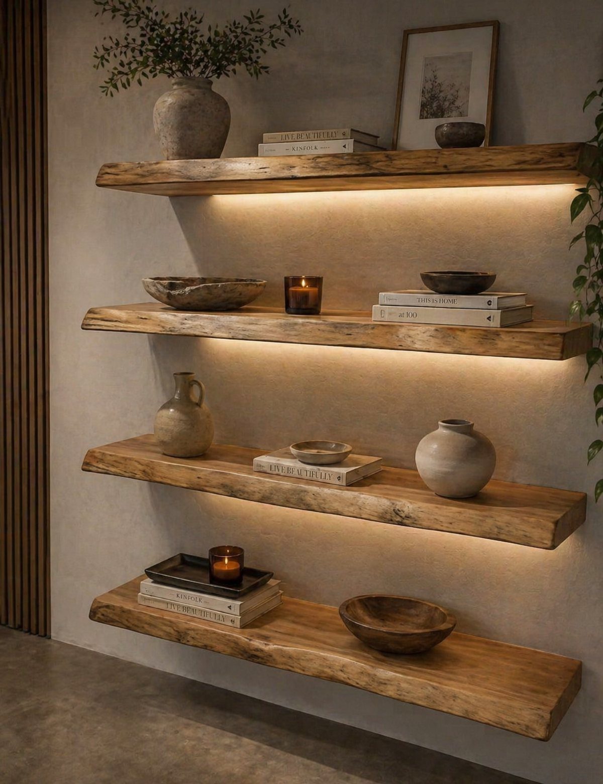 Live-edge wooden shelves with under-lighting holding minimalist home decor on a beige wall