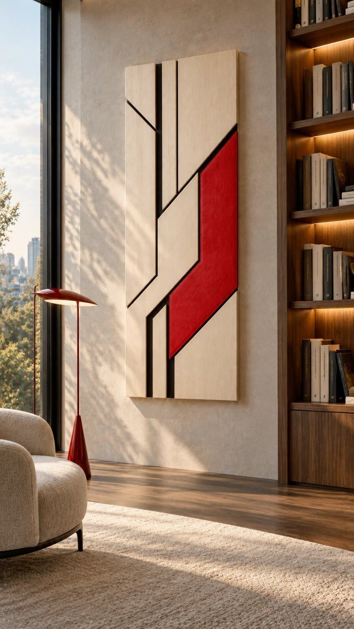 Geometric wooden wall art with red and black accents in a modern room.