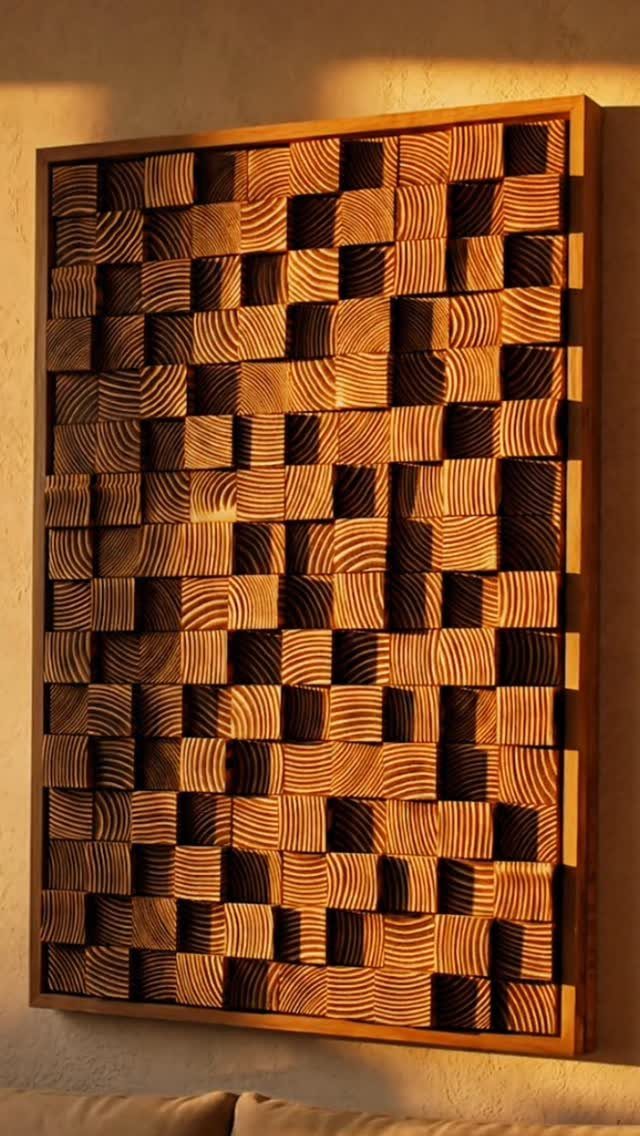 Three-dimensional wooden wall sculpture with a grid of protruding textured blocks in a frame.