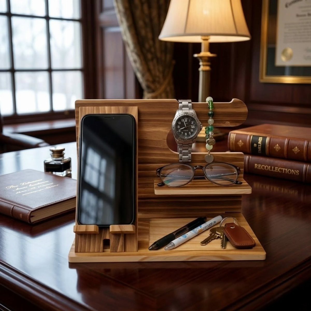 17 Wood Art Projects for Beginners and Weekend Makers 4 Wooden desk organizer holding a smartphone, watch, glasses, and pens on a dark desk.