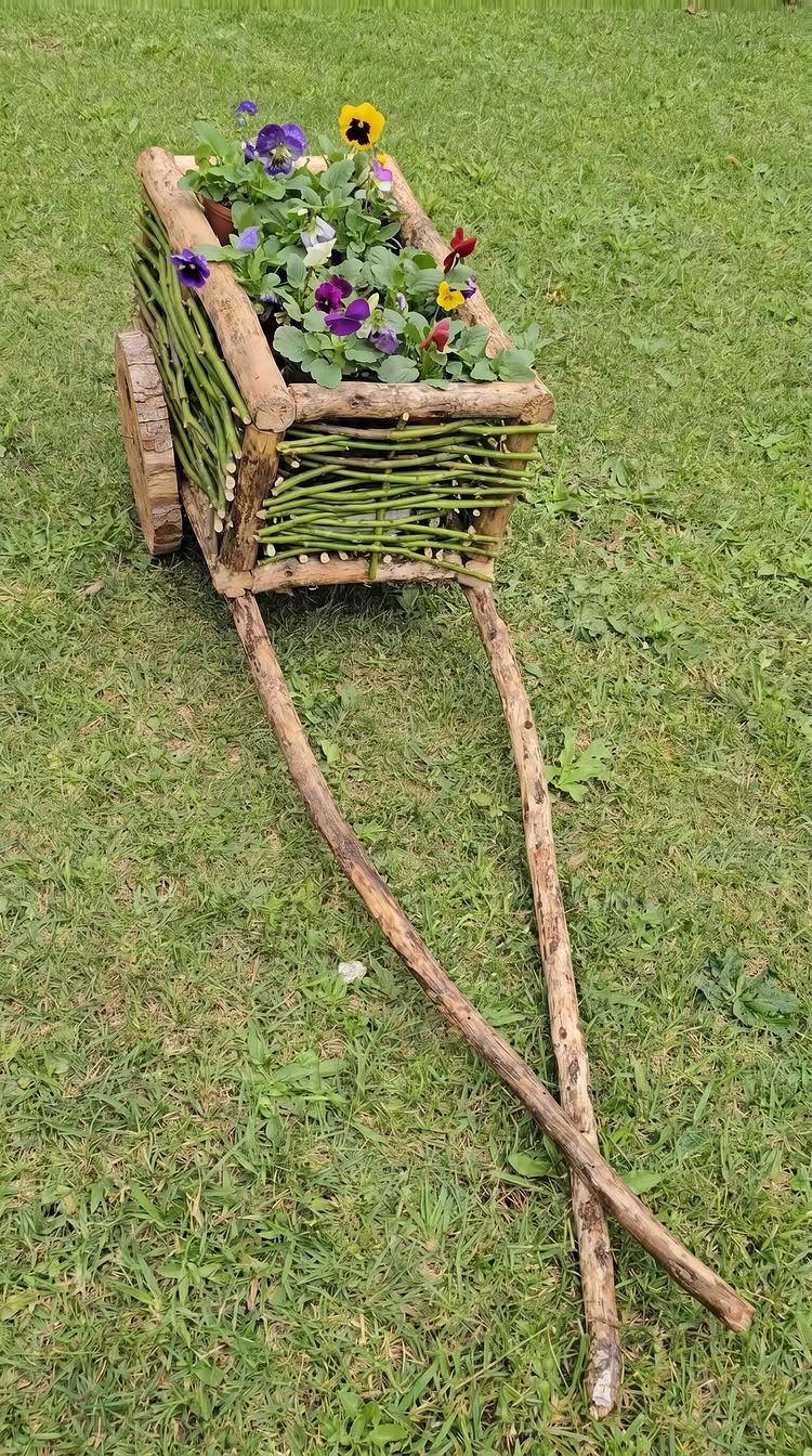 17 Wood Art Projects for Beginners and Weekend Makers 9 Rustic wooden garden cart filled with colorful pansies on a green lawn