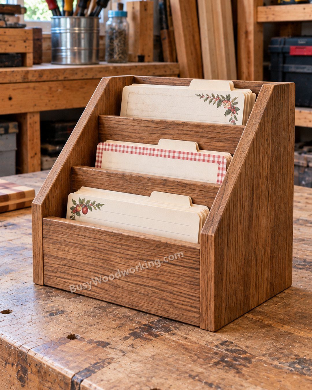 17 Wood Art Projects for Beginners and Weekend Makers 14 Wooden tiered recipe holder containing recipe cards on a rustic workshop workbench.