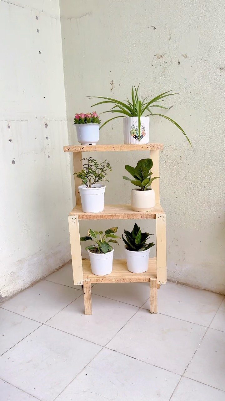 17 Wood Art Projects for Beginners and Weekend Makers 6 Three-tiered light wood plant stand holding various green potted plants against a white wall.