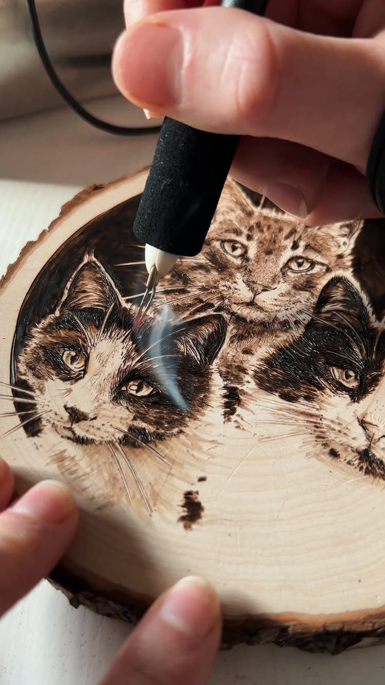 17 Wood Art Projects for Beginners and Weekend Makers 3 Detailed wood-burned portraits of three cats on a natural rustic wood slice.