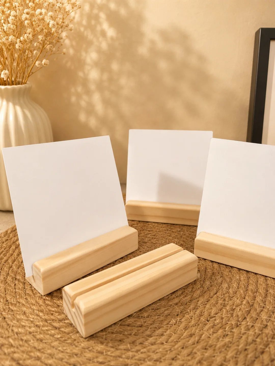14 Wood Block Decorations for Every Season and Room 4 Wooden block photo holders with blank white cards on a woven jute mat.