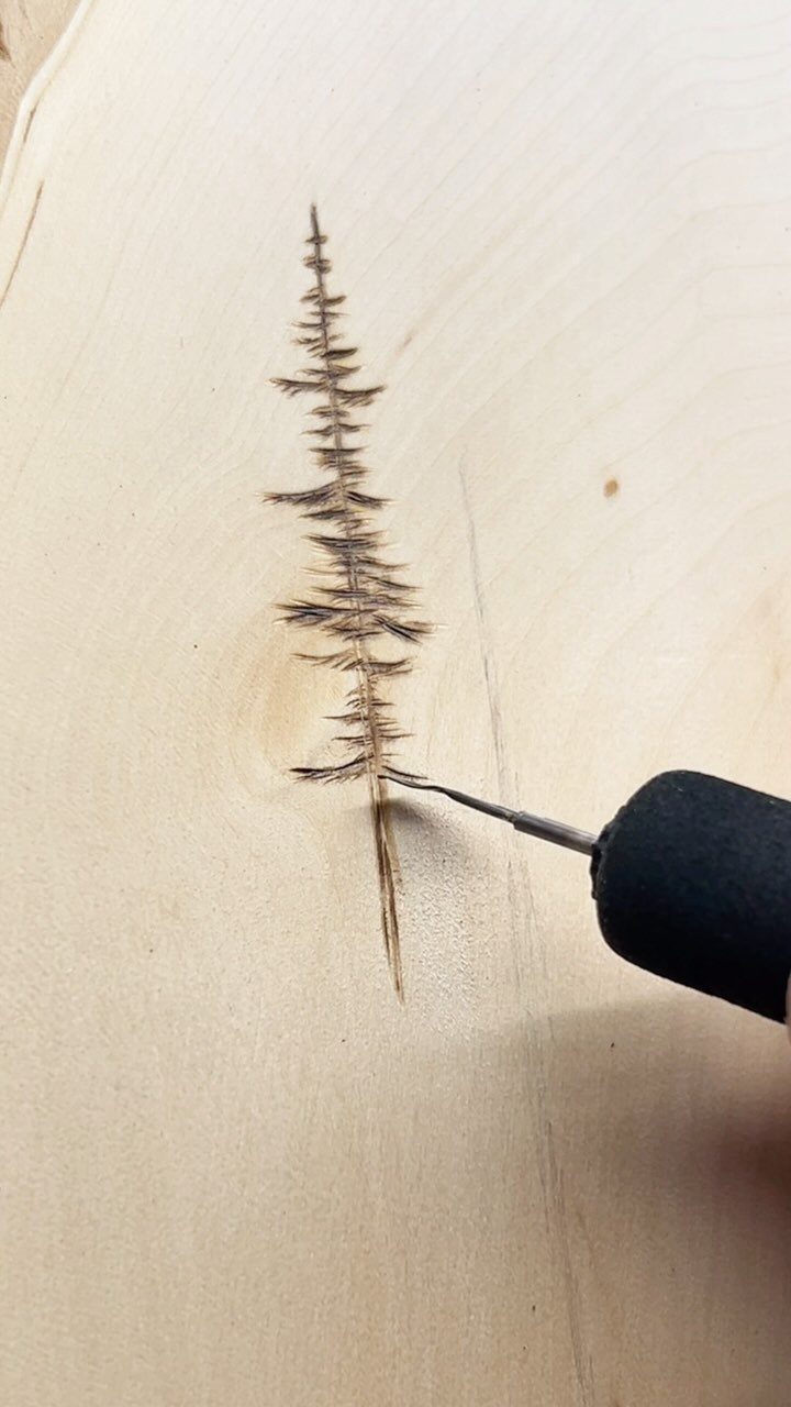 Wood Burned Pine Trees: 4 Ideas for Pyrography 4 Wood burning tool etching a detailed pine tree design into a light wood plank.