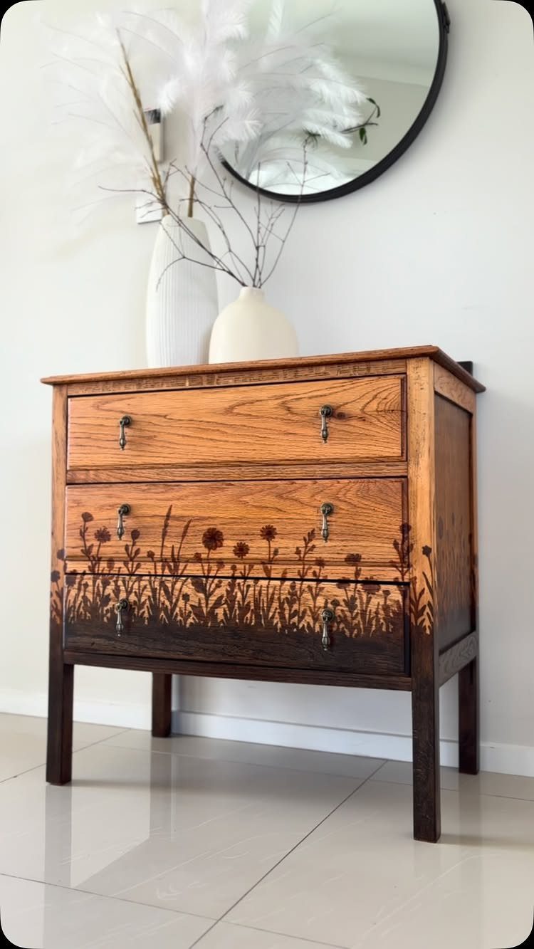 9 Wood Burning Images for Spoons, Plaques and Coasters 7 Wooden dresser with burned wildflower designs across the front of the drawers.