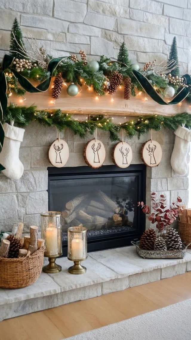 Wood Burning Ornaments: 8 Ideas for Christmas 2 Wood slice ornaments with burned deer designs hanging before a decorated stone fireplace.