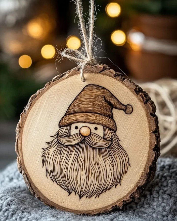 Wood Burning Ornaments: 8 Ideas for Christmas 4 Wood slice ornament with a wood-burned gnome design hanging by a twine string.