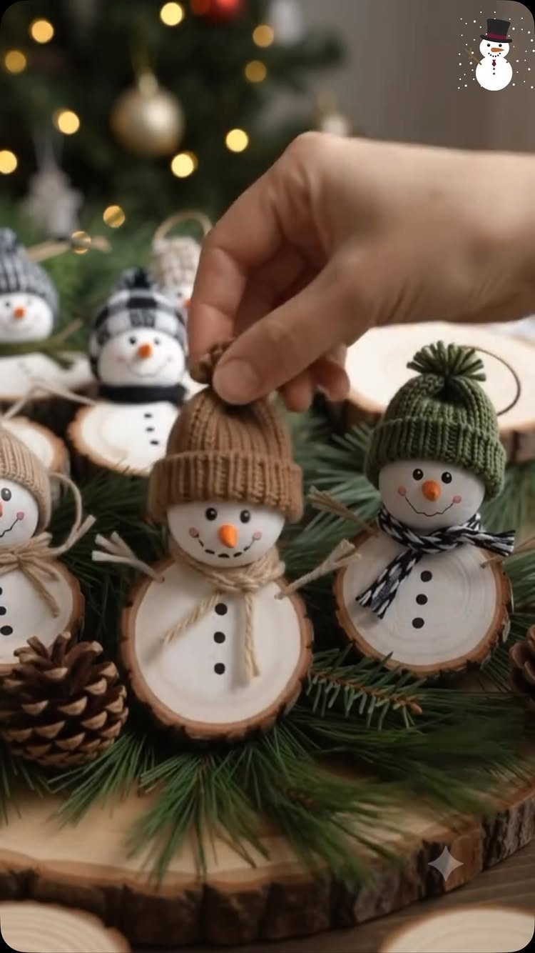 Hand holding a small snowman ornament made from wooden slices and knitted fabric.