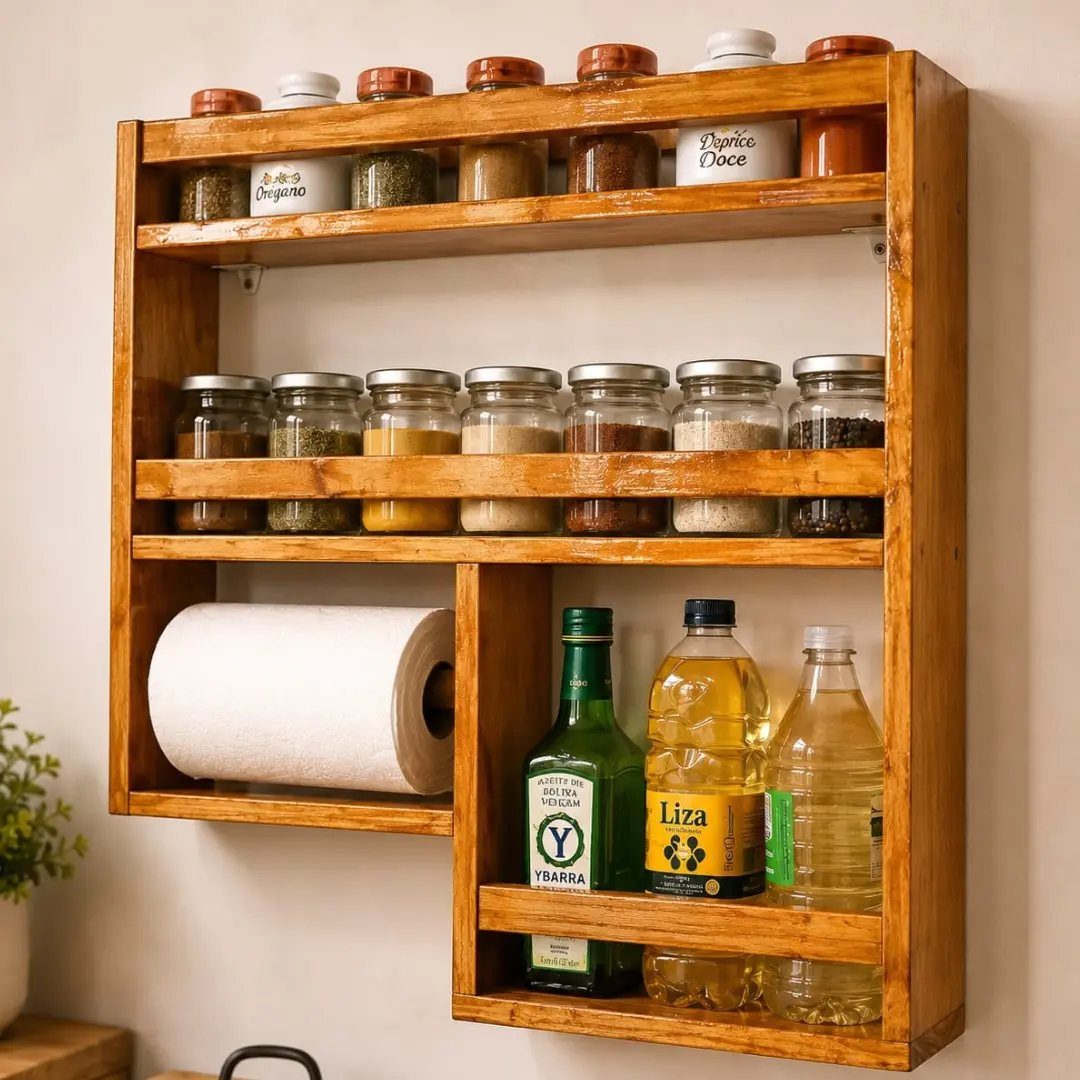 Wooden wall-mounted spice rack holding glass jars, paper towels, and cooking oil bottles.