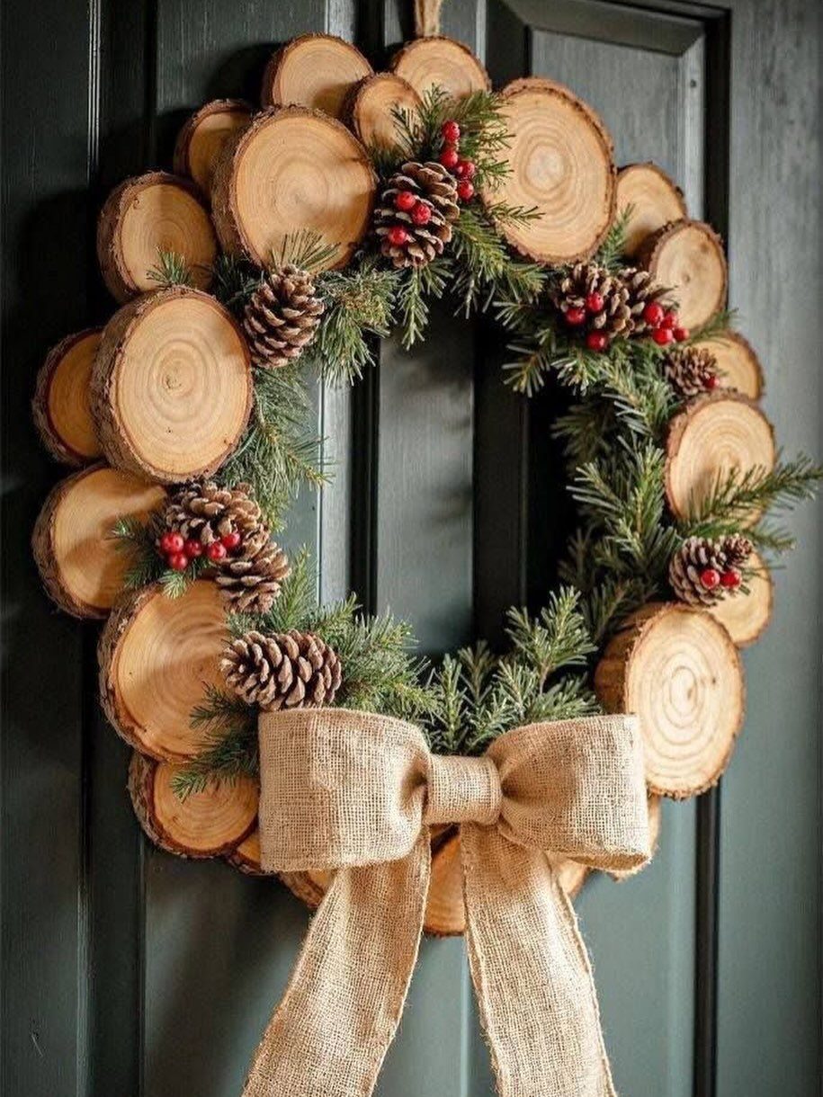 Wood slice wreath with pinecones, berries, and a burlap bow on a green door.
