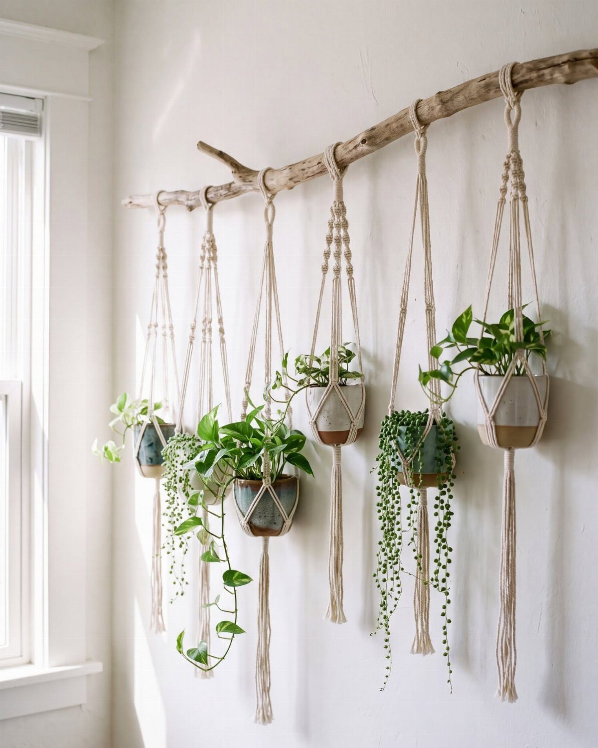 Potted green plants hanging from a natural wooden branch with macrame rope holders.