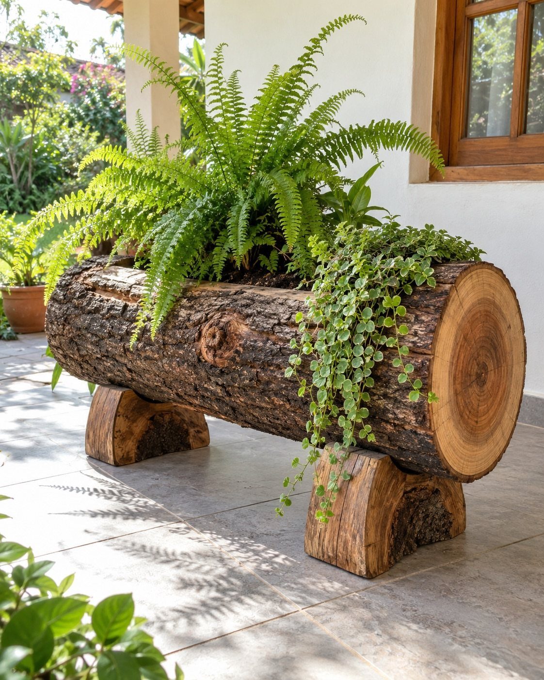 Hollowed natural log planter with green ferns and trailing plants on a stone patio.