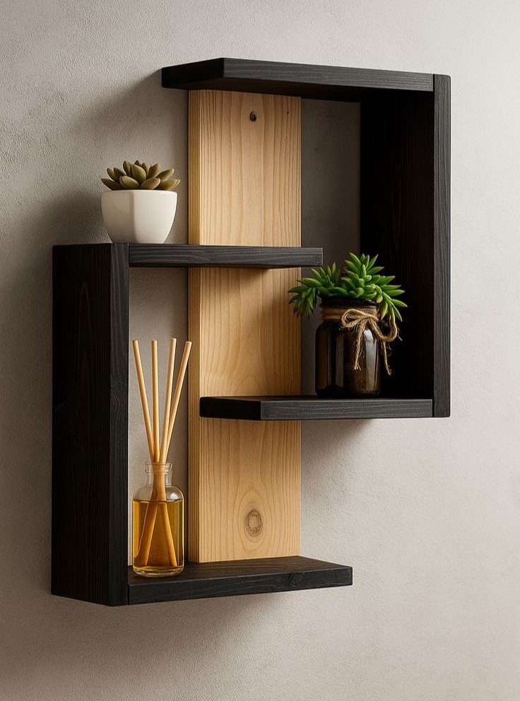 Geometric wall-mounted wooden shelf with black and natural wood finishes holding small plants.