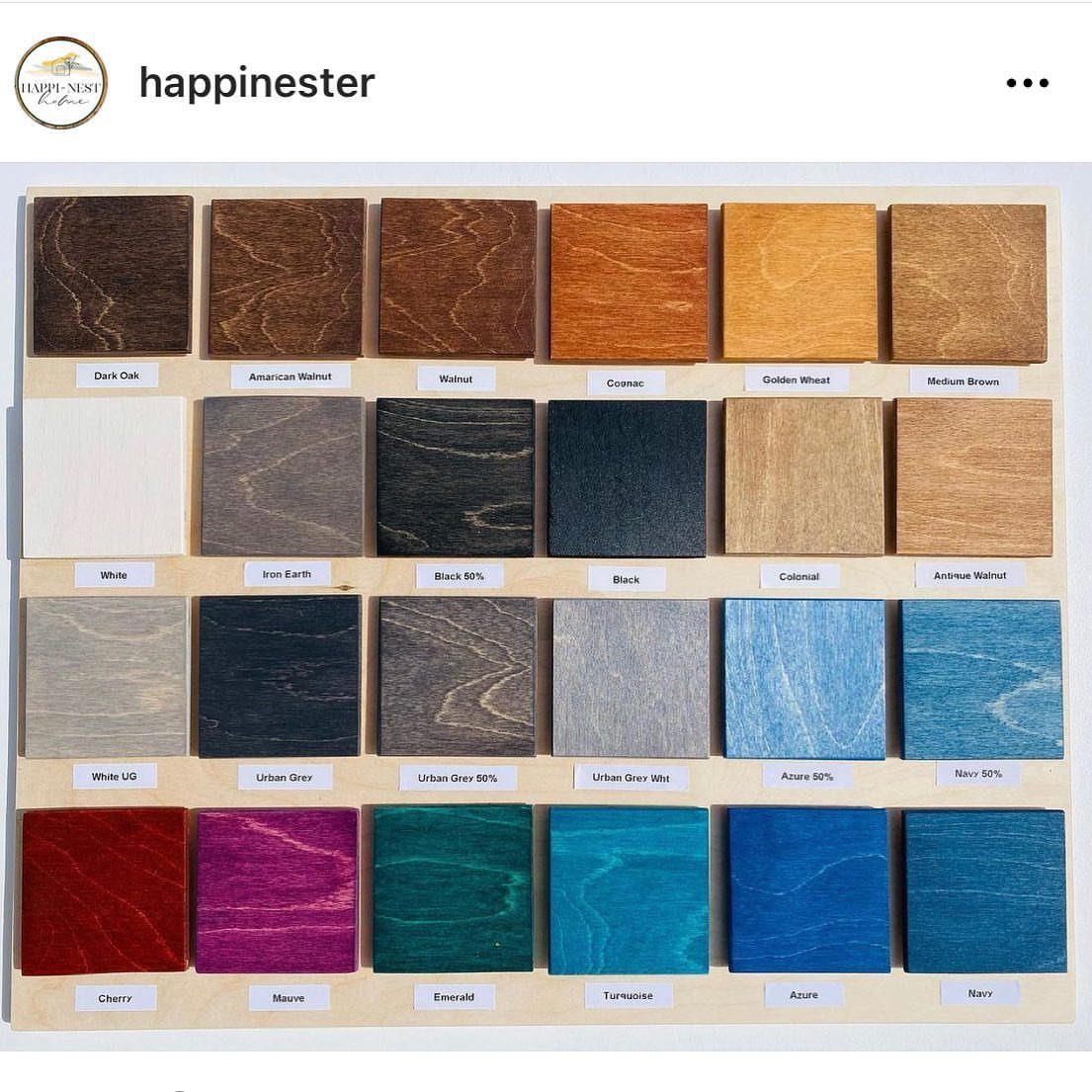 Grid of wood samples showing a variety of different wood dye colors and stains.