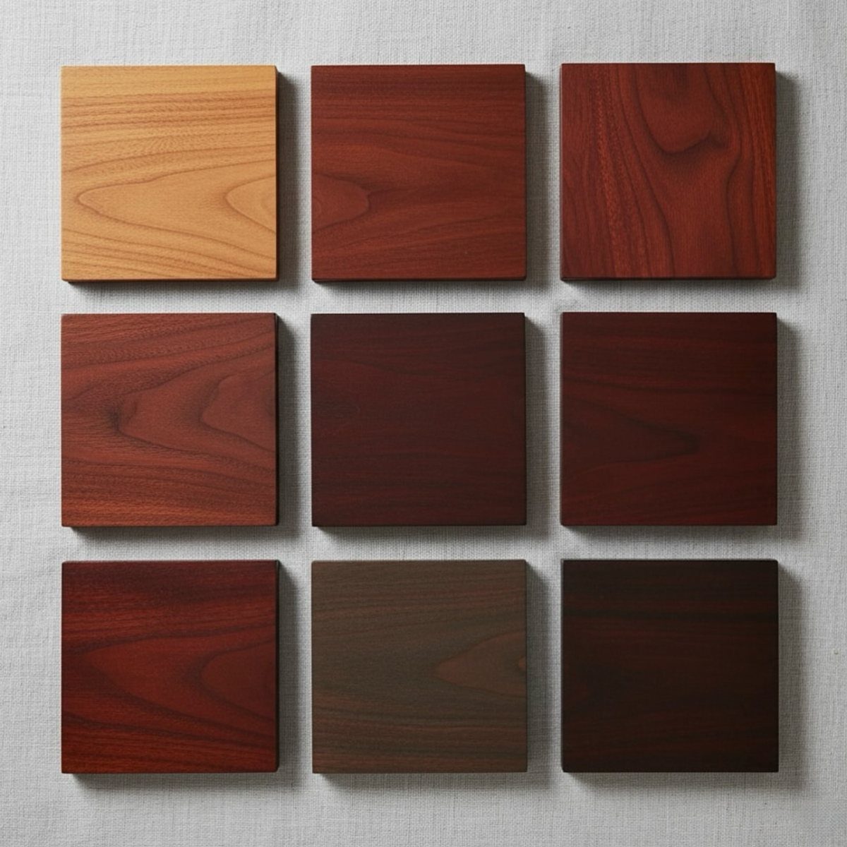 Nine square wooden samples showing a variety of wood dye colors in a grid.