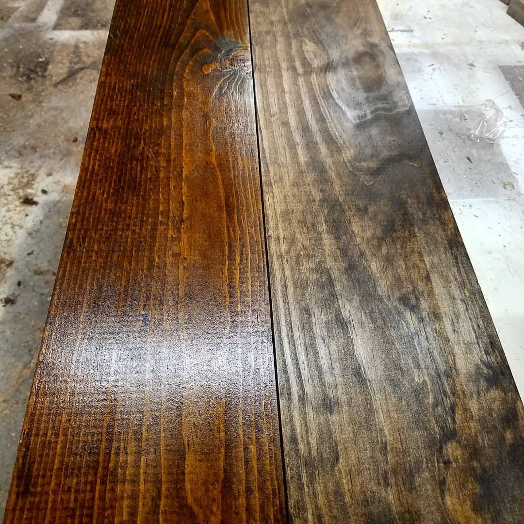 Two stained wooden planks showing mid-to-dark brown color options with visible grain.