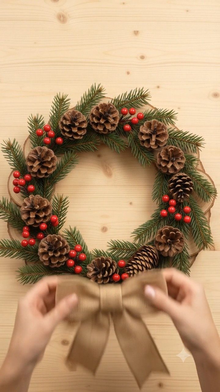 10 Wood Slice Crafts for Home Decor, Gifts and Games 10 Christmas wreath with pinecones and red berries on a circular wood slice base.